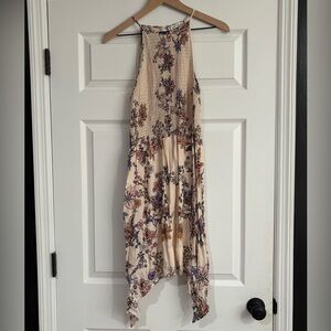 Asymmetrical Handkerchief Floral Dress in Cream and Purple